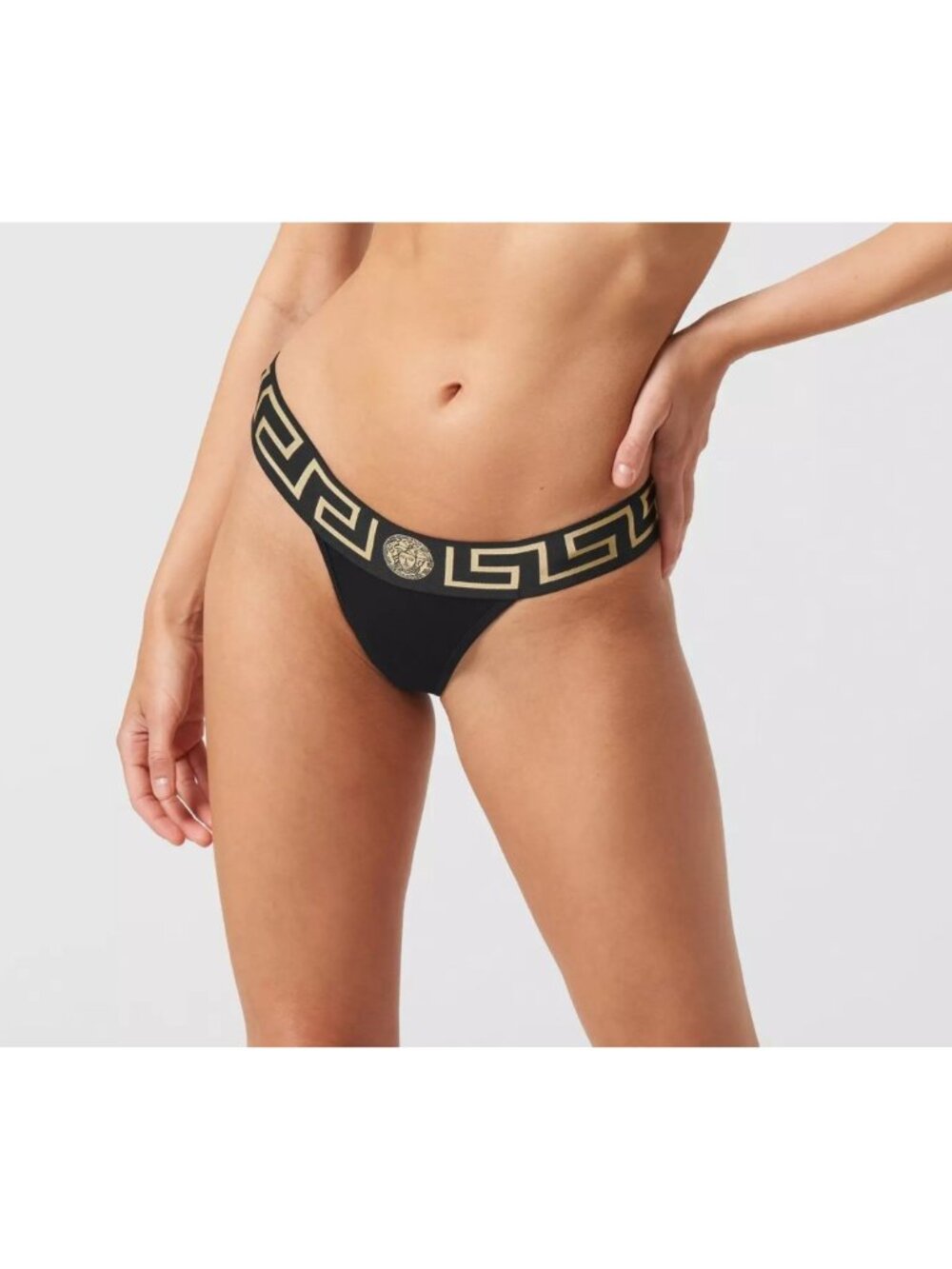 Versace Icon Greca Border Thong Black/Gold Women's Size 5 (XL) NWT